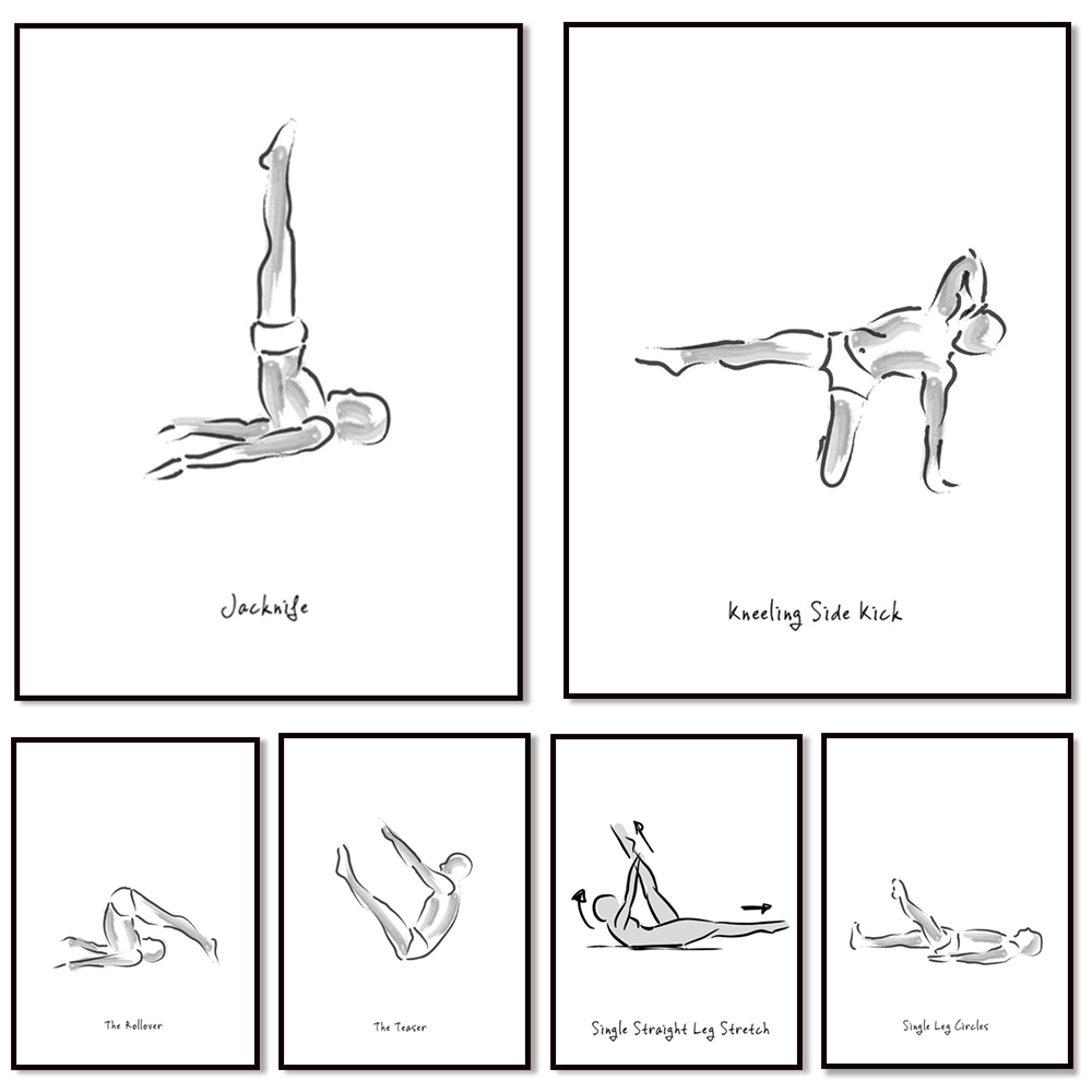 Pilates And Yoga Combined - Pilates-oefeningen in zwart-wit infographics, Joseph Pilates